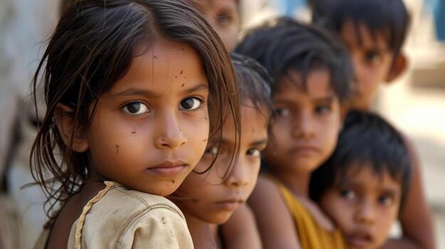 गाँव के सेवा शिविर में इंतज़ार करते बच्चे