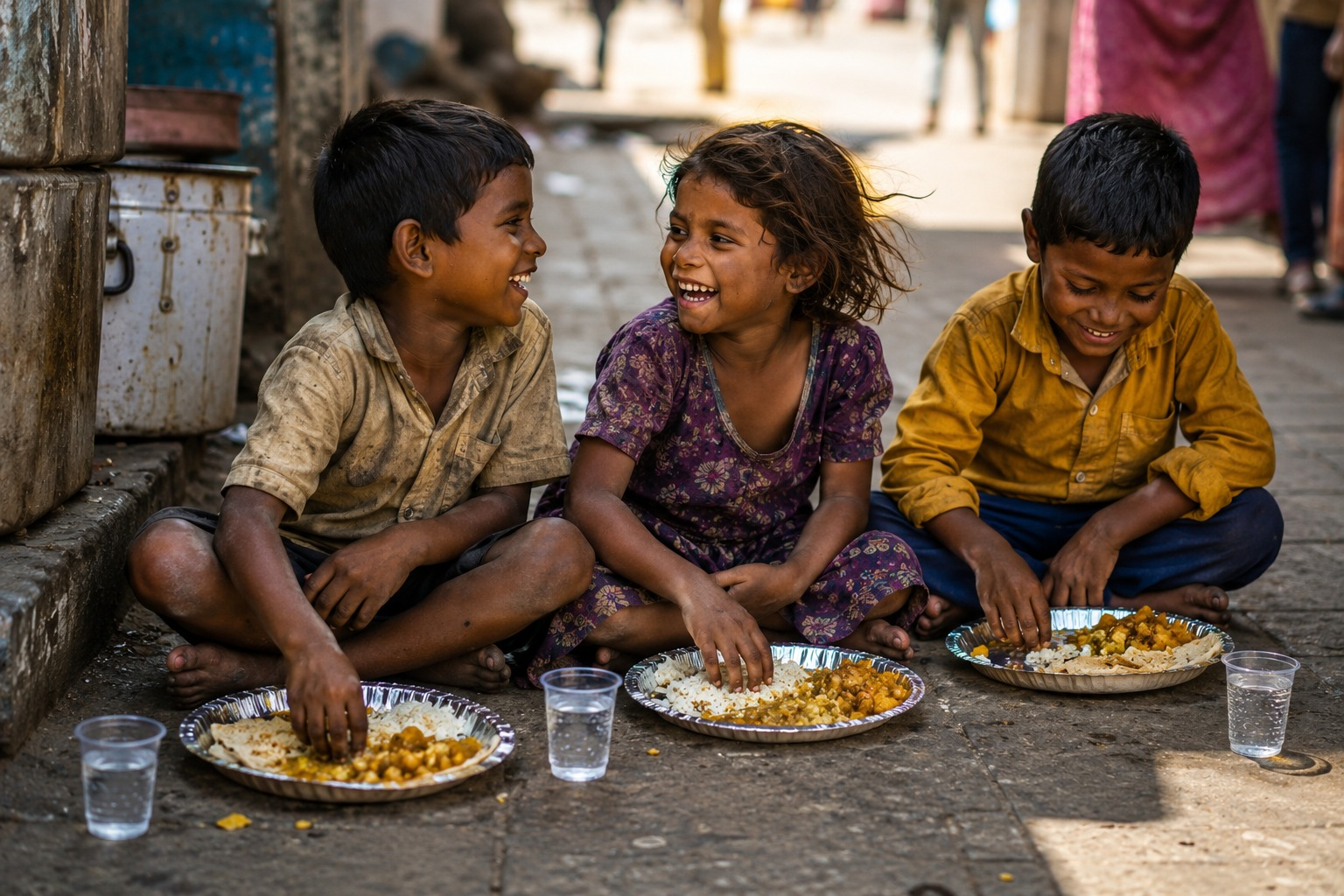 सड़क किनारे बच्चों को गरम भोजन परोसा गया