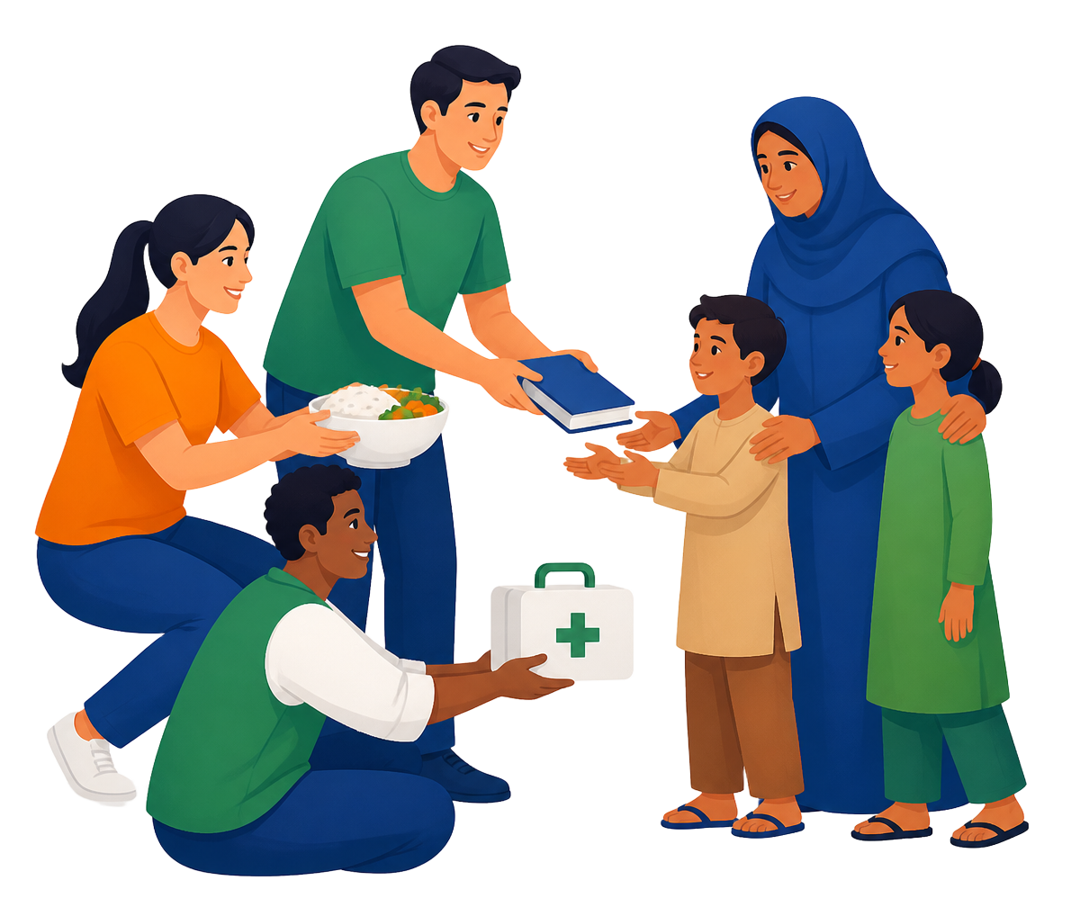 Volunteers handing food, books and medical care to a family