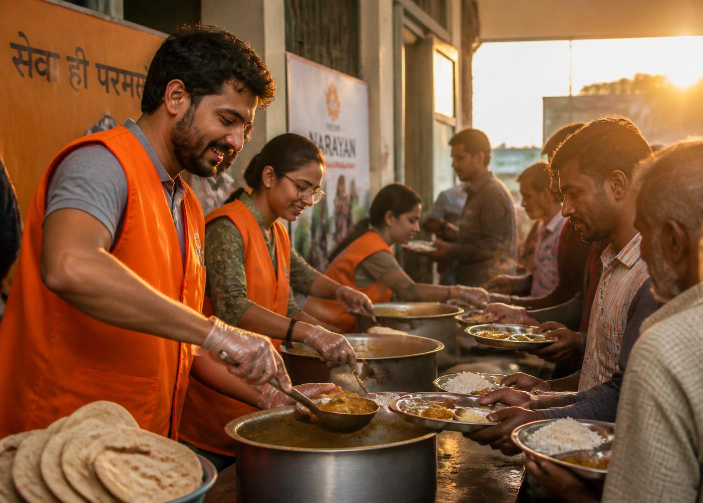 Volunteers serving meals at a community kitchen